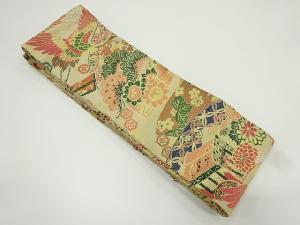 アンティーク　鶴に地紙・花・古典柄織り出し半幅帯（材料）